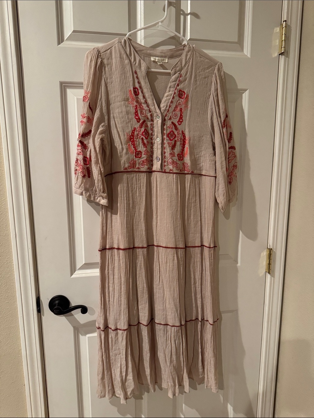 fig and flower Cream Midi Dress with Red Embroidery